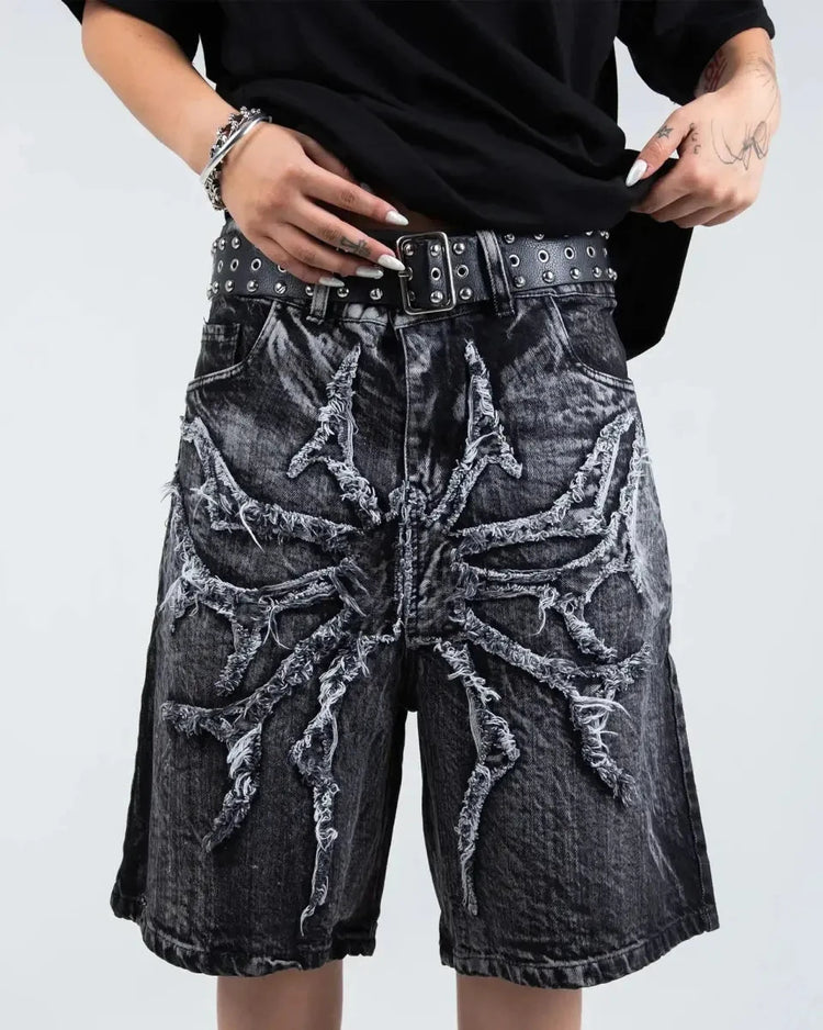 Pantaloncini Larghi Unisex Stile Gotico Retrò Y2K, Jeans Phantom con Ricamo a Ragno, Streetwear Hip Hop