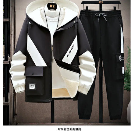 Winter Tracksuit Men Warm Sports Printed Thick Suit Mens Casual Hooded jacket+Pants Sweatsuit Male 2 Piece Sportswear