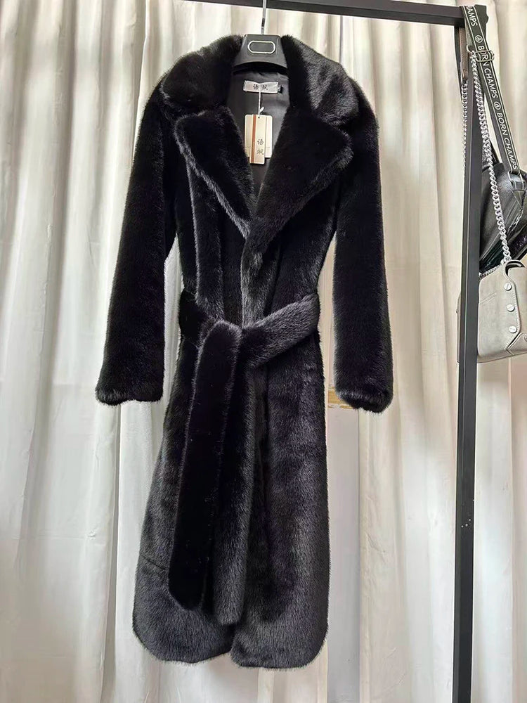ZADORIN 110cm Long Lapel Belted Brown Faux Fur Coat Woman Elegant Mink Fur Faux Coat Fluffy Fur Jackets for Woman Winter Clothes