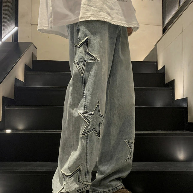 New Fashion Stella a cinque punte Jeans Uomo a vita alta Vintage Streetwear Pantaloni da uomo Baggy Inverno Jeans a gamba larga Denim Abbigliamento uomo