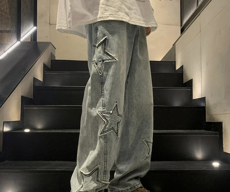 New Fashion Stella a cinque punte Jeans Uomo a vita alta Vintage Streetwear Pantaloni da uomo Baggy Inverno Jeans a gamba larga Denim Abbigliamento uomo
