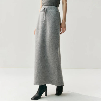 Women Pure Cashmere Long Skirts Autumn Winter Straight Ankle Length Thick Skirts 100% Cashmere Knit Drawstring and Split Skirts PlatiNum