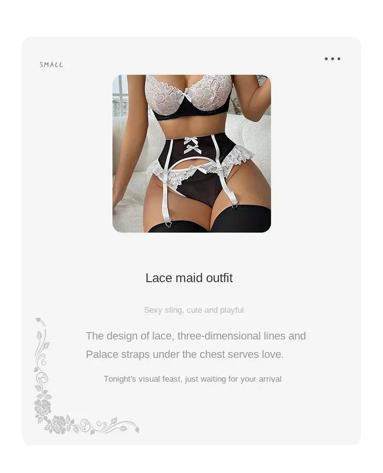 Pink See Through Lace Bra Panties with Garter Set Women's Sexy Lingerie Set Underwear Erotic Porn Costume Babydoll