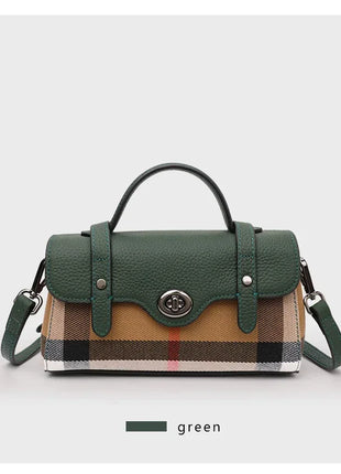 Borsa Mini Boston a Righe e Quadri in Tessuto con Finiture in Ecopelle, Chiusura a Giro e Torsione, Design con Patta, Borsa a Mano da Donna, a Tracolla, Portamonete