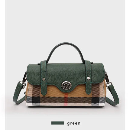 Borsa Mini Boston a Righe e Quadri in Tessuto con Finiture in Ecopelle, Chiusura a Giro e Torsione, Design con Patta, Borsa a Mano da Donna, a Tracolla, Portamonete