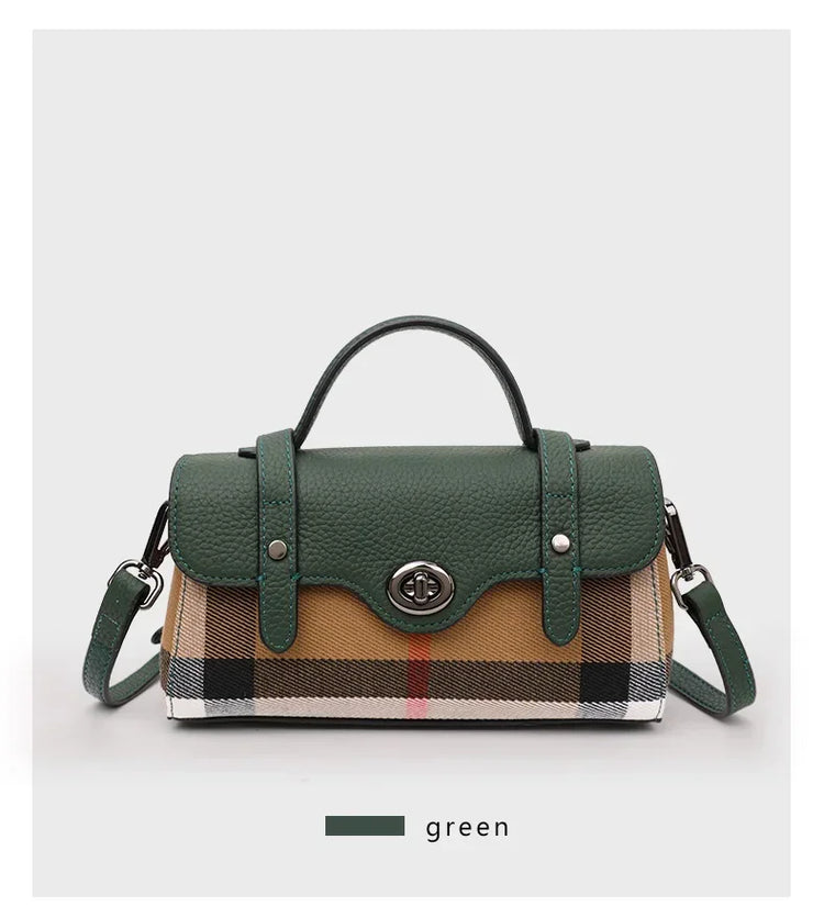Borsa Mini Boston a Righe e Quadri in Tessuto con Finiture in Ecopelle, Chiusura a Giro e Torsione, Design con Patta, Borsa a Mano da Donna, a Tracolla, Portamonete