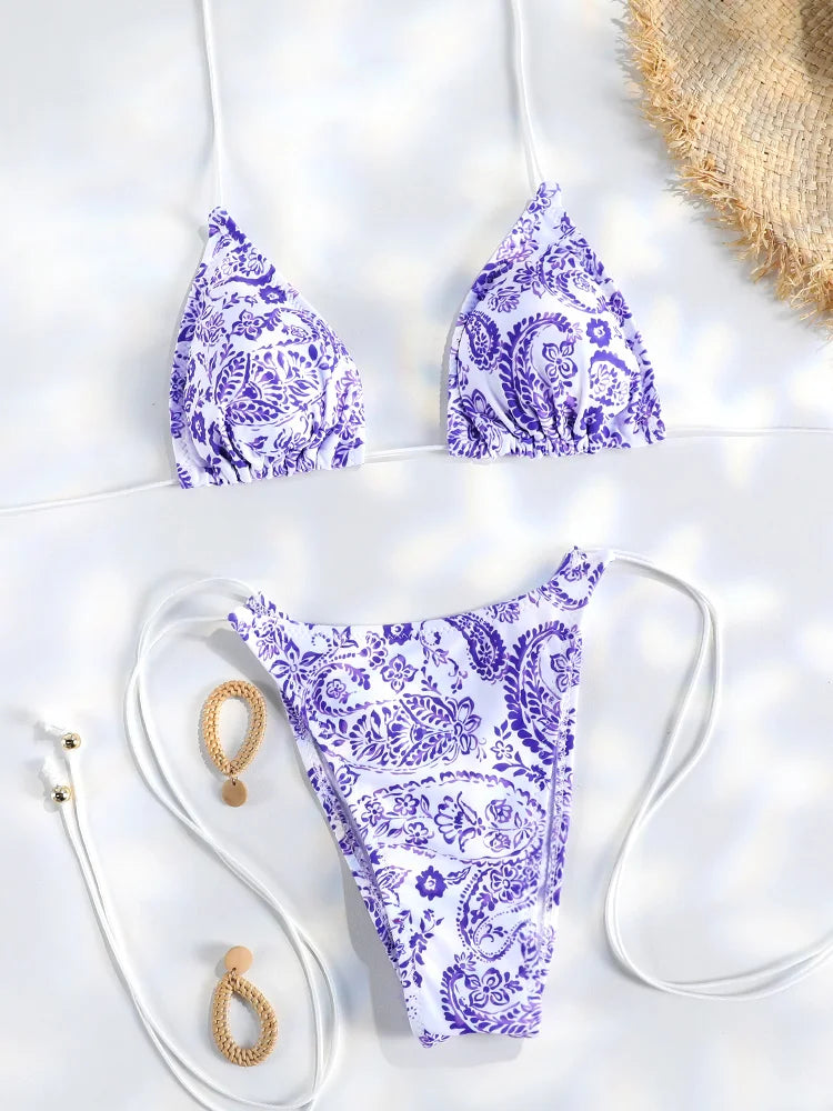 Set Bikini Triangolo Sexy Micro Thong, Costume da Bagno Donna, Biquini con Lacci, Abbigliamento da Spiaggia Stampato, Bikini Thong platinumshop