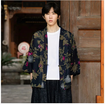 Camicie in Lino Stile Etnico con Stampa Yukata per Uomo e Donna, Abbigliamento Asiatico, Kimono Giapponese Harajuku, Camicie Retrò da Uomo