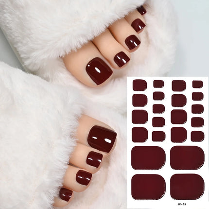 22Tips Red Christmas Baking Free Toenail Sticker Glossy Solid Color Self-adhesive Toe Nail Strips Festival Full Cover Foot Wraps2028