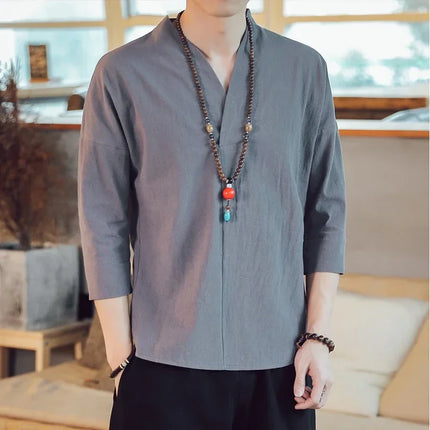Kimono da uomo in stile giapponese corto a mezza manica in cotone traspirante camicia da uomo T-shirt giapponese estiva Yukata cardigan lavorato a maglia con piume