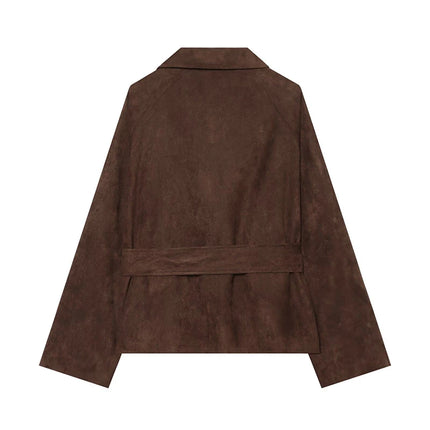 Elegant Suede Women Jacket Turn Down Collar Double Breasted Belt Waist Slim Jackets 2026 Autumn Winter Female Fashion Tops