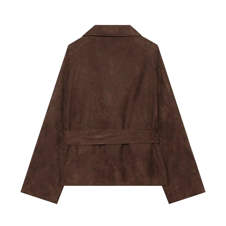 Elegant Suede Women Jacket Turn Down Collar Double Breasted Belt Waist Slim Jackets 2026 Autumn Winter Female Fashion Tops