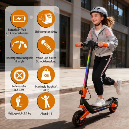 Monopattino elettrico per bambini, doppia sospensione, luci arcobaleno colorate e schermo LED, autonomia di 12 km, un regalo ideale per ragazzi e ragazze dai 6 anni in su.