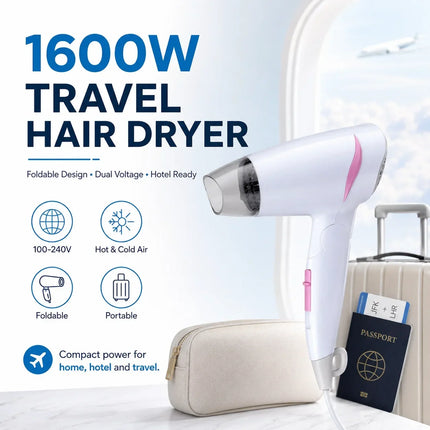 1600W Dual Voltage Hair Dryer Foldable Design 100-240V Portable Travel Hairdryer Hot Cold Air Styling Tool Hotel Use