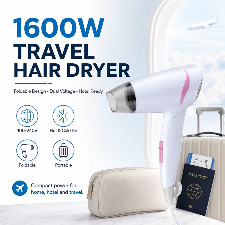 1600W Dual Voltage Hair Dryer Foldable Design 100-240V Portable Travel Hairdryer Hot Cold Air Styling Tool Hotel Use