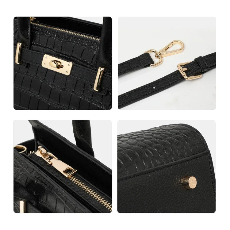 Borsa a Mano in Ecopelle Lucida Effetto Coccodrillo con Fiocco in Seta Stampata e Chiusura a Girello in Metallo, Borsa a Tracolla da Donna con Manico Superiore