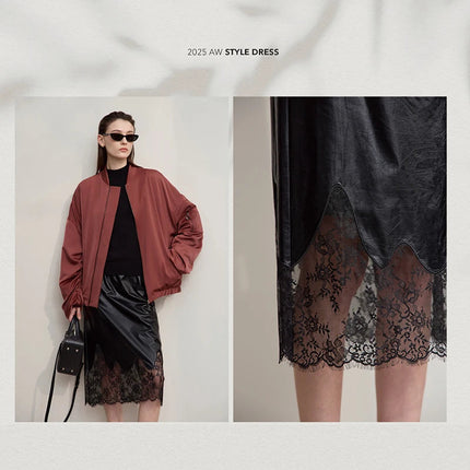 AMII Women's Skirt 2025 Autumn New Minimalist Versatile Clothing Ladies Leather Splicing Lace Solid A-line Midi Skirt 12543095 PlatiNum