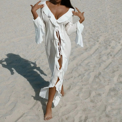 Abbigliamento da spiaggia con protezione solare a maniche lunghe Abbigliamento da donna Sexy scollo a V increspato Nero Bianco Nuova tunica in chiffon Copricostume da spiaggia platinumshop