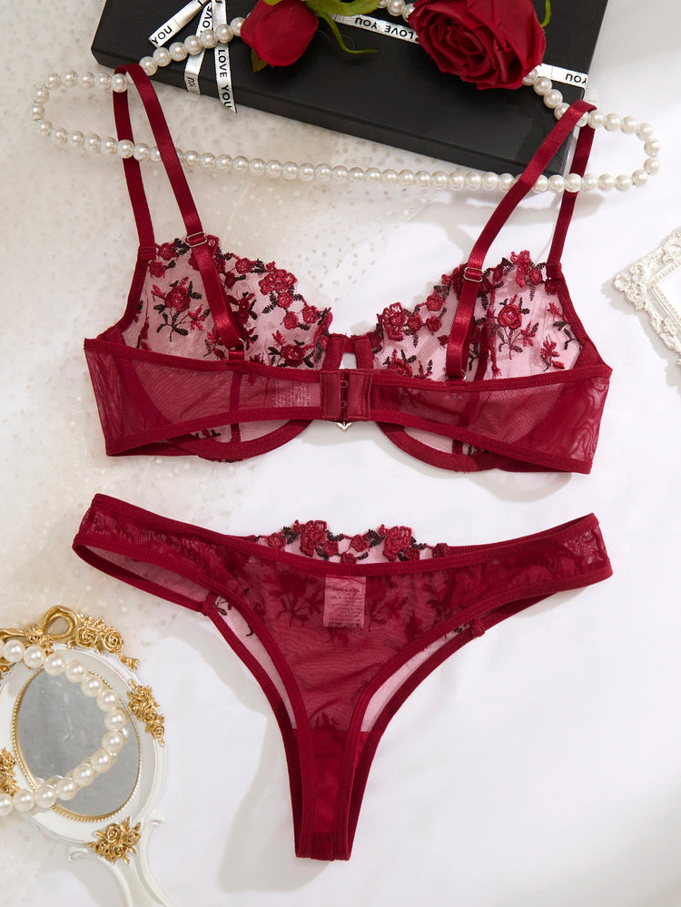 Ladies' Wine Red Heart-Shaped Design Embroidered Semi Transparent Comfortable Breathable Underwear Set, Suitable ZA825026
