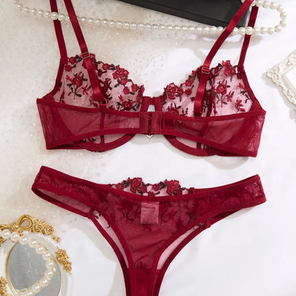 Ladies' Wine Red Heart-Shaped Design Embroidered Semi Transparent Comfortable Breathable Underwear Set, Suitable ZA825026