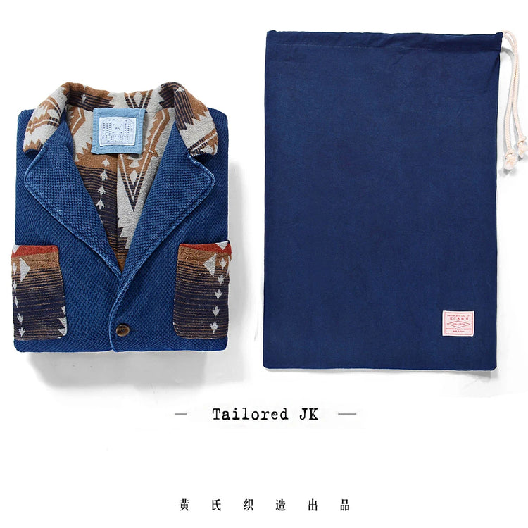 Men's Indigo Multi Pockets Jacket French Retro Blue Dye Lapel Thick Workwear Tooling Cardigan Coat plus Size for Autumn Winter