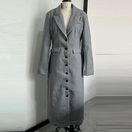 Women's Long Coat Slim V Neck Single Breasted Overcoats Shoulder Pad Maxi Jackets with Belt 2025 New Winter Lady Commute Outwear