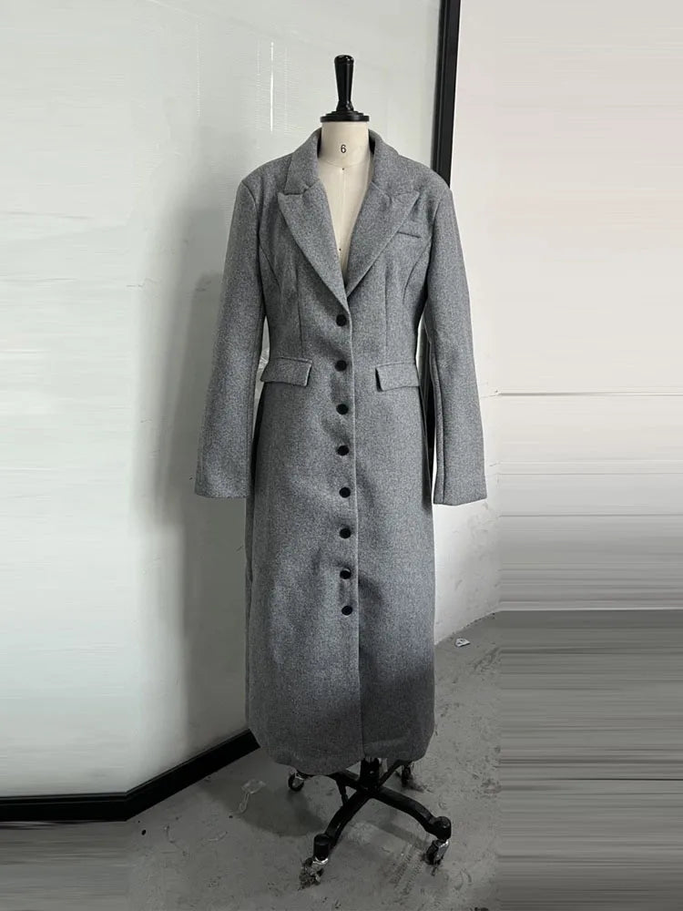 Women's Long Coat Slim V Neck Single Breasted Overcoats Shoulder Pad Maxi Jackets with Belt 2025 New Winter Lady Commute Outwear