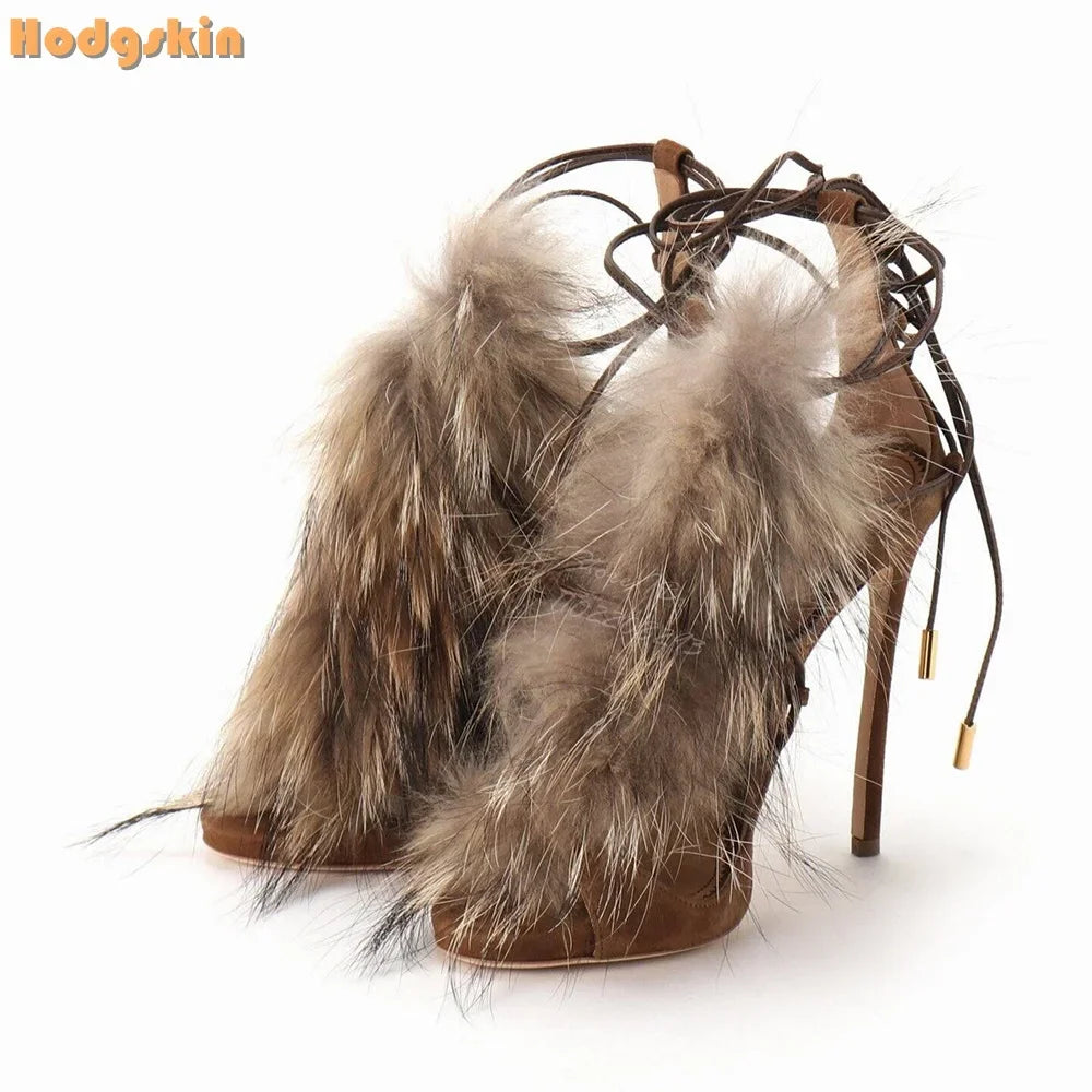 Retro Faux Fur Strappy Sandals Round Toe Cross-tied Stiletto Suede Lace-up Dress Shoes Thin High Heels 2025 Spring New Women