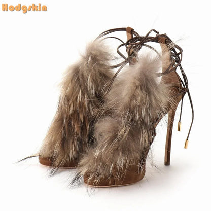 Retro Faux Fur Strappy Sandals Round Toe Cross-tied Stiletto Suede Lace-up Dress Shoes Thin High Heels 2025 Spring New Women