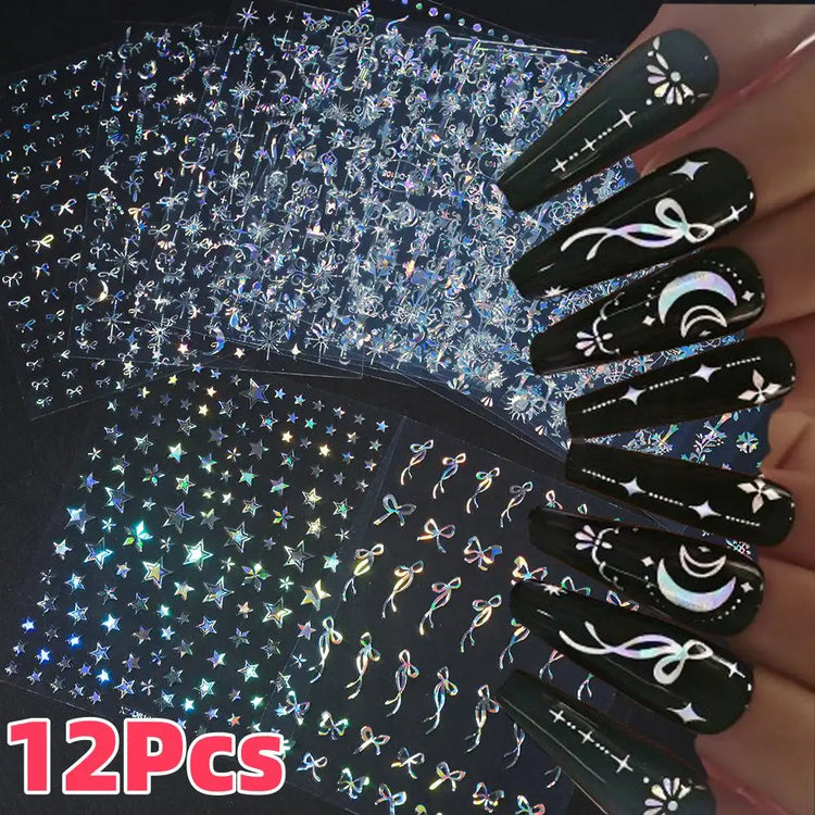 12Pcs 3D Laser Silver Star Ribbon Nail Stickers Y2K Stars Moon Sun Self-Adhesive Slider Exquisite Flower Leaf DIY Manicure Decal
