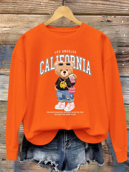 Little Bear Drinking Milk Tea Printed Women Pullover O-Neck Loose Streetwear Casual Autumn Clothes Fleece All-Match Sweatshirt