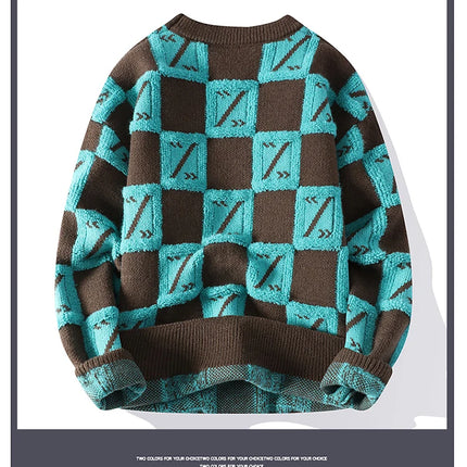 New Men's Fashion Round Neck Print Sweater Autumn Winter Contrast Color Printed Letter Long Sleeve Loose Casual Knitted Tops