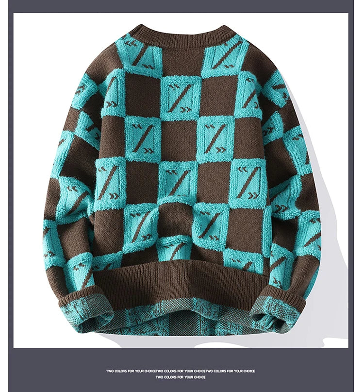 New Men's Fashion Round Neck Print Sweater Autumn Winter Contrast Color Printed Letter Long Sleeve Loose Casual Knitted Tops