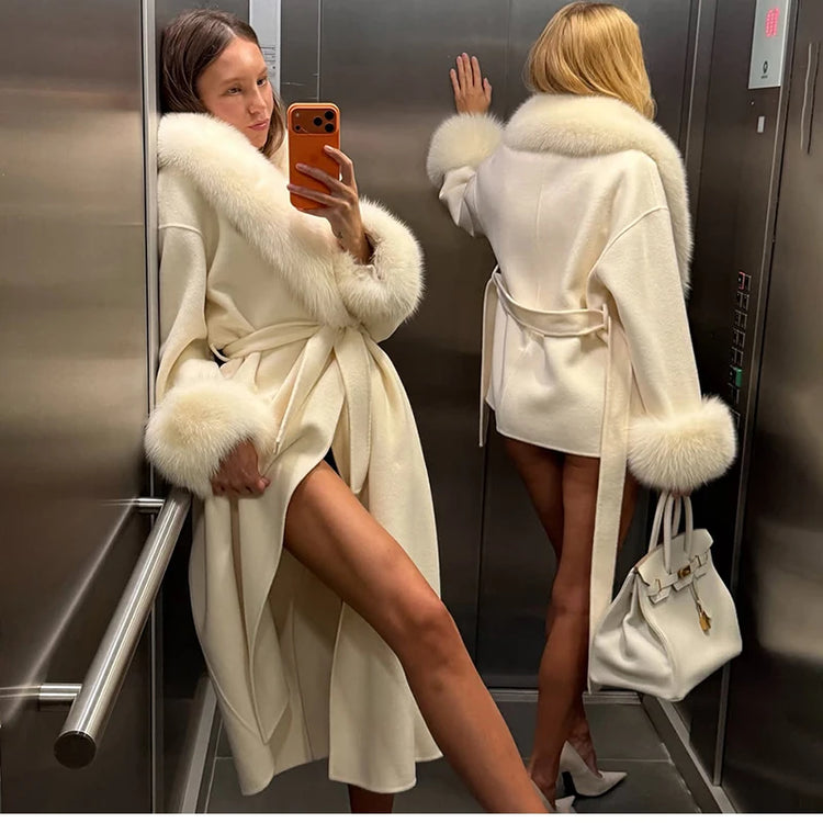 TARUXY Women Luxurious Faux Fox Fur Collar Long Jacket Elegant Solid Long-Sleeved Loose Lace Up Street Warm Coat 2026 Winter New
