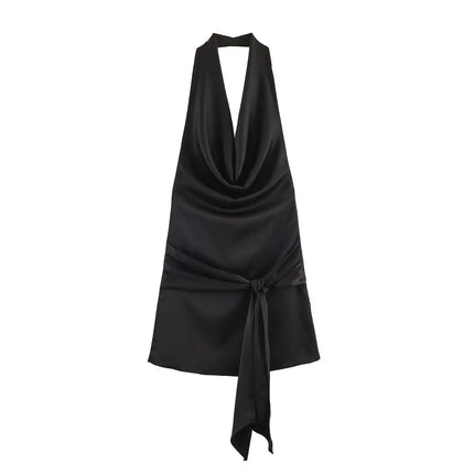 HH Abito Mini Estivo in Raso con Scollo all'Americana e Cintura da Donna 2026, Sexy Senza Maniche, Schiena Scoperta, Elegante con Laccetti Frontali, Vestito Corto da Festa platinumshop