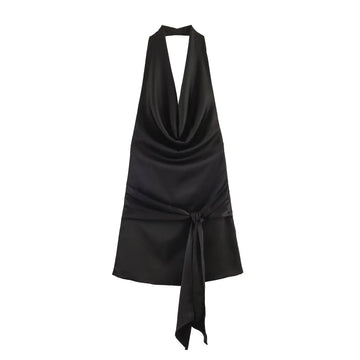 HH Abito Mini Estivo in Raso con Scollo all'Americana e Cintura da Donna 2026, Sexy Senza Maniche, Schiena Scoperta, Elegante con Laccetti Frontali, Vestito Corto da Festa platinumshop