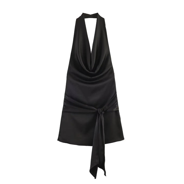 HH Abito Mini Estivo in Raso con Scollo all'Americana e Cintura da Donna 2026, Sexy Senza Maniche, Schiena Scoperta, Elegante con Laccetti Frontali, Vestito Corto da Festa platinumshop