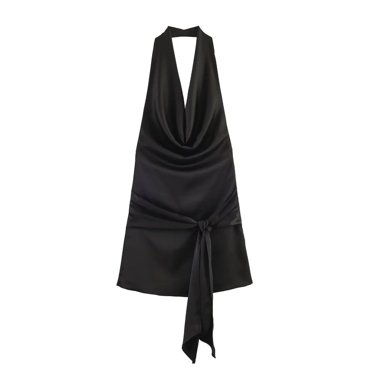 HH Abito Mini Estivo in Raso con Scollo all'Americana e Cintura da Donna 2026, Sexy Senza Maniche, Schiena Scoperta, Elegante con Laccetti Frontali, Vestito Corto da Festa platinumshop