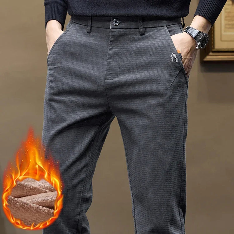 Winter Fleece Men's Slim Straight Business Casual Pants Solid Color Elasticity Trousers Warm Thickened Velvet Plaid Pants Male