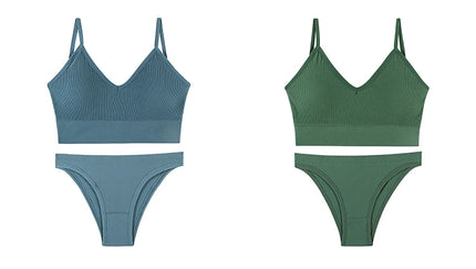 CINOON Women Seamless Ribbed Bra Set Wireless Deep V Bralette Top Panties Two Piece Lingerie Set Sport Fitness Underwear