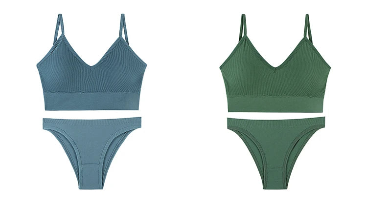 CINOON Women Seamless Ribbed Bra Set Wireless Deep V Bralette Top Panties Two Piece Lingerie Set Sport Fitness Underwear