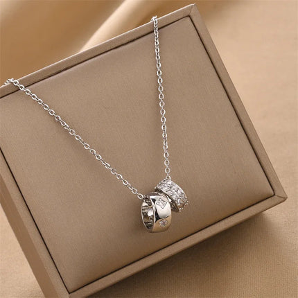 Non Tarnish Luxurious Fashion Crystal Rhombus Necklace with Ring Pendant Gold Color Jewelry for Women PlatiNum