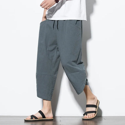 Pantaloni Estivi da Uomo 2026 Stile Cinese in Cotone e Lino, Pantaloni Harem Traspiranti da Spiaggia, Pantaloni Casual a Tre Quarti, Streetwear