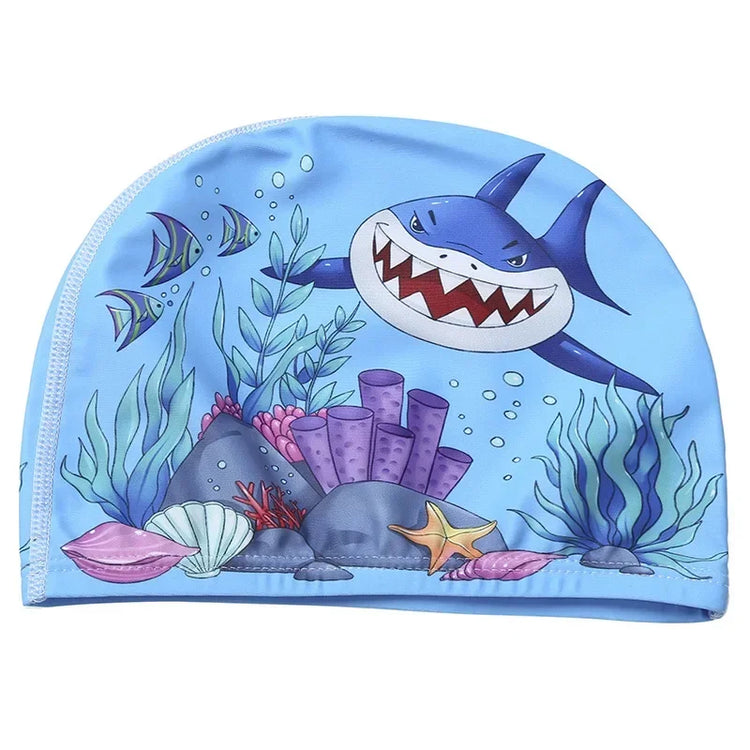 Cuffia da nuoto per bambini Tessuto elastico Simpatico cartone animato per capelli lunghi I bambini adorabili proteggono le orecchie Cappello da piscina per ragazzi e ragazze