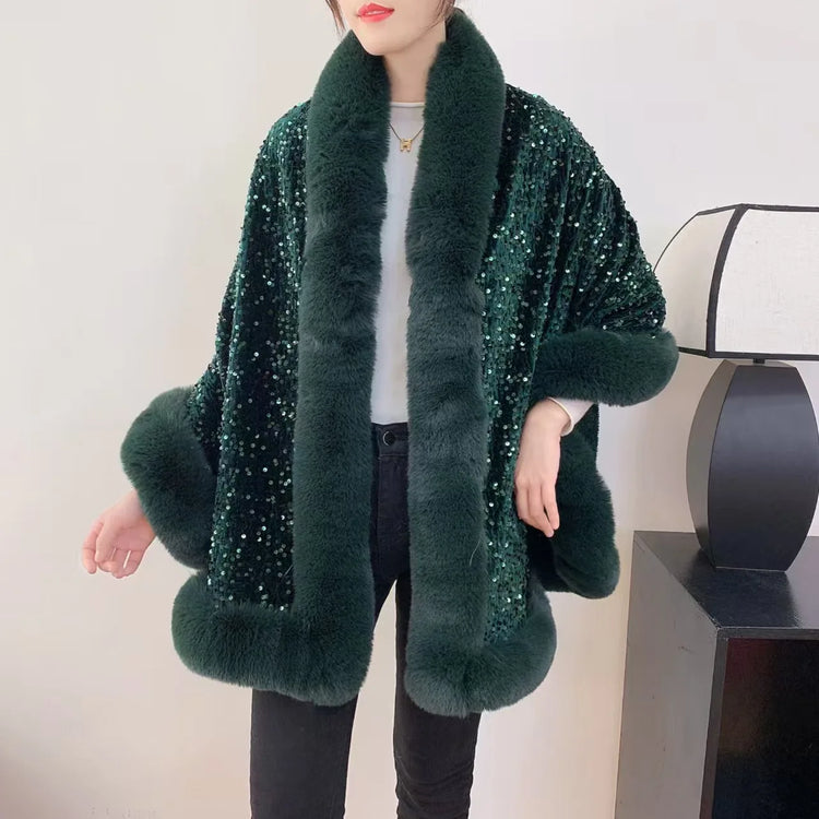 ZADORIN Fashion Sequins Long Furry Warm Faux Fur Coat Woman Autumn Winter Fur Cape Ponch Wedding Party Fur Shawl Cloak Cardigans