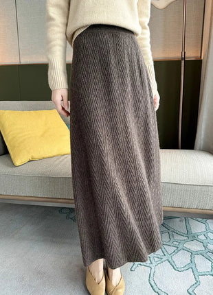 100% Cashmere Skirt Women's Mid-calf Dress Herring Bone High Waist High-end Versatile Knitted Skirt Autumn Winter Office Lady PlatiNum