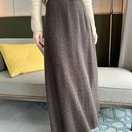 100% Cashmere Skirt Women's Mid-calf Dress Herring Bone High Waist High-end Versatile Knitted Skirt Autumn Winter Office Lady PlatiNum