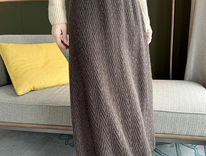 100% Cashmere Skirt Women's Mid-calf Dress Herring Bone High Waist High-end Versatile Knitted Skirt Autumn Winter Office Lady PlatiNum