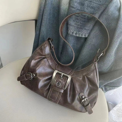 Y2K Vintage Distressed Leather Women Bag Shoulder Bag Maillard Style Underarm Purse Two Tone Crossbody Bag for Women PlatiNum