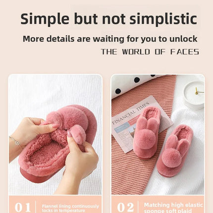 Thick Sole Winter Plush Slippers Cozy Faux Rabbit Fur Indoor House Shoes for Women & Men Couple Matching Slides with Closed Back